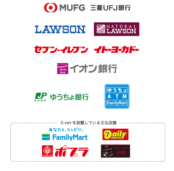 MUFG 三菱ＵＦＪ銀行 ゆうちょ銀行 ゆうちょATM FamilyMart セブンイレブン イトーヨーカドー LAWSON NATURAL LAWSON E-netを設置している主な店舗 FamilyMart Daily YAMAZAKI  ポプラ 生活彩家