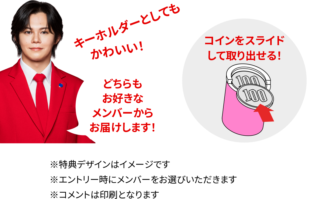 キーホルダーとしてもかわいい！どちらもお好きなメンバーからお届けします！　コインをスライドして取り出せる！ ※特典デザインはイメージです ※エントリー時にメンバーをお選びいただけます ※コメントは印刷となります