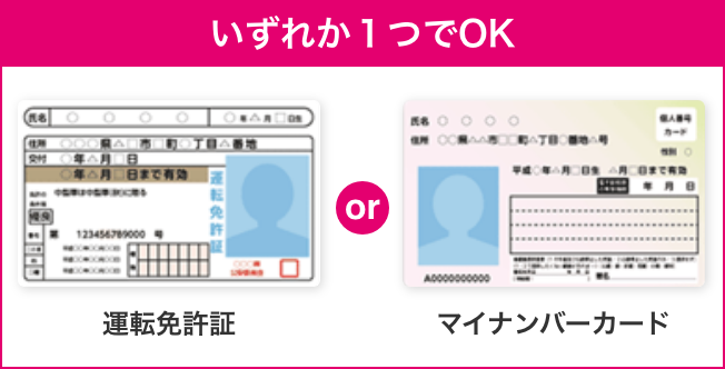 いずれか1つでOK 運転免許証 or マイナンバー