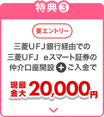 三菱ＵＦＪ銀行経由での三菱ＵＦＪ ｅスマート証券の仲介口座開設＋ご入金で現金最大20,000円