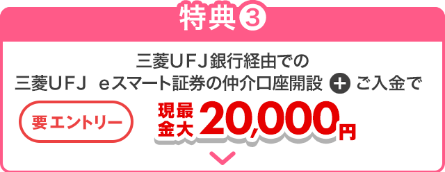 三菱ＵＦＪ銀行経由での三菱ＵＦＪ ｅスマート証券の仲介口座開設＋ご入金で現金最大20,000円