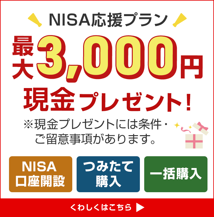 NISA応援プラン 最大3,000円現金プレゼント!※現金プレゼントには条件・ご留意事項があります。くわしくはこちら▶