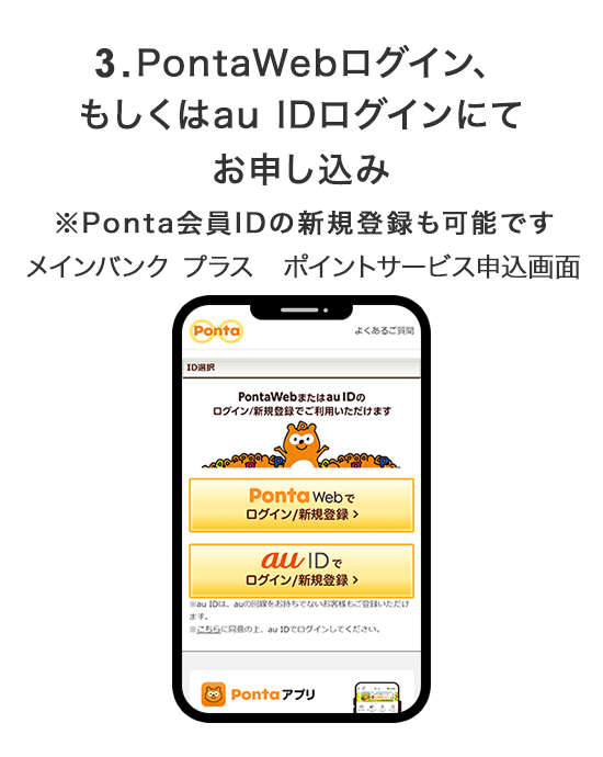 3.PontaWebログイン、もしくはau IDログインにてお申し込み ※Ponta会員IDの新規登録も可能です メインバンク プラス　ポイントサービス申込画面