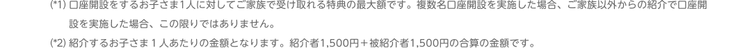 （*1）口座開設するお子さま1人に対してご家族で受け取れる特典の最大額です。複数名口座開設を実施した場合、ご家族以外からの紹介で口座開設を実施した場合、この限りではありません。（*2）紹介するお子さま1人あたりの金額となります。紹介者1,500円＋被紹介者1,500円の合算の金額です。