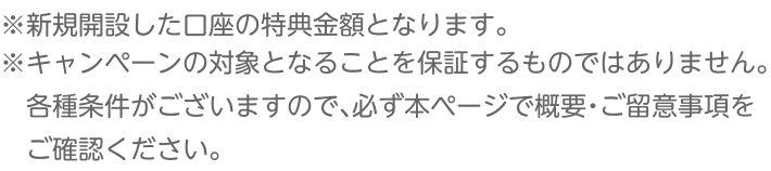※新規開設した口座の特典金額となります。 ※キャンペーンの対象となることを保証するものではありません。各種条件がございますので、必ず本ページで概要・ご留意事項をご確認ください。