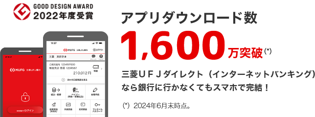 GOOD DESIGN AWARD 2022年度受賞 アプリダウンロード数 1,600万突破（*） 三菱ＵＦＪダイレクト（インターネットバンキング）なら銀行に行かなくてもスマホで完結！ （*）2024年6月末時点。