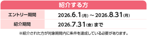 紹介する方 抽選エントリー期間 2026.6.1（月） ～ 2026.8.31（月） ※紹介された方が対象期間内に条件を達成している必要があります。