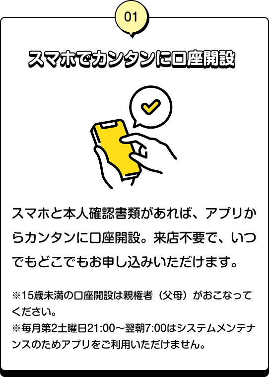 01 スマホでカンタンに口座開設 スマホと本人確認書類があれば、アプリからカンタンに口座開設。来店不要で、いつでもどこでもお申し込みいただけます。 ※15歳未満の口座開設は親権者（父母）がおこなってください。 ※毎月第2土曜日21:00～翌朝7:00はシステムメンテナンスのためアプリをご利用いただけません。