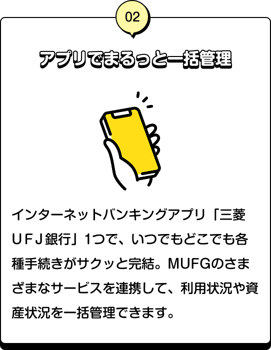 02 アプリでまるっと一括管理 インターネットバンキングアプリ「三菱ＵＦＪ銀行」1つで、いつでもどこでも各種手続きがサクッと完結。MUFGのさまざまなサービスを連携して、利用状況や資産状況を一括管理できます。