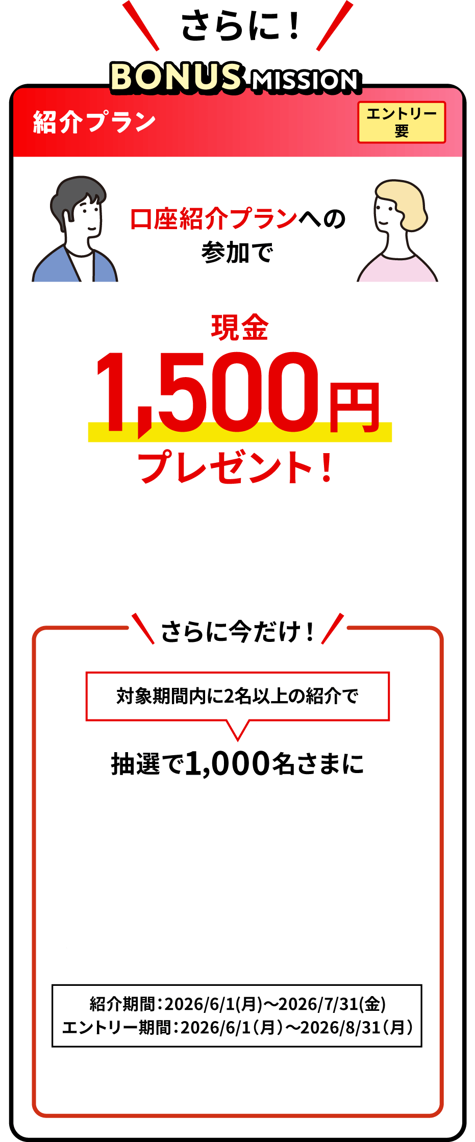 さらに！BONUS MISSION 紹介プラン エントリー要 口座紹介プランへの参加で現金1,500円プレゼント！さらに今だけ！対象期間内に2名以上の紹介で抽選で1,000名さまに現金30,000円プレゼント！紹介期間：2026/6/1（月）～2026/7/31（金） エントリー期間：2026/6/1（月）～2026/8/31（月）