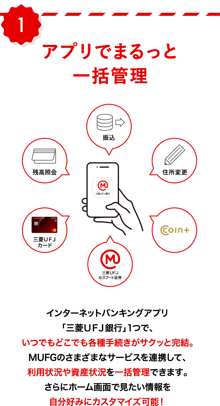 1.アプリでまるっと一括管理 インターネットバンキングアプリ「三菱ＵＦＪ銀行」1つで、いつでもどこでも各種手続きがサクッと完結。MUFGのさまざまなサービスを連携して、利用状況や資産状況を一括管理できます。さらにホーム画面で見たい情報を自分好みにカスタマイズ可能！