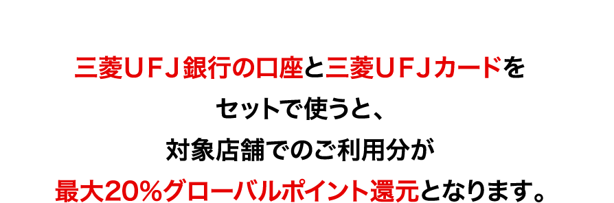 三菱ＵＦＪ銀行の口座と三菱ＵＦＪカードをセットで使うと、対象店舗でのご利用分が最大20％グローバルポイント還元となります。