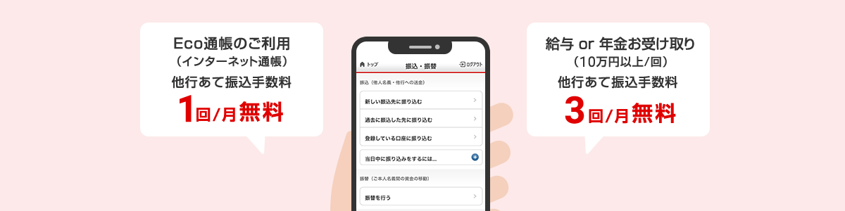 Eco通帳(インターネット通帳)のご利用で、他行あて振込手数料1回/月無料。給与or年金お受け取り(10万以上/回)で他行あて振込手数料3回/月無料。