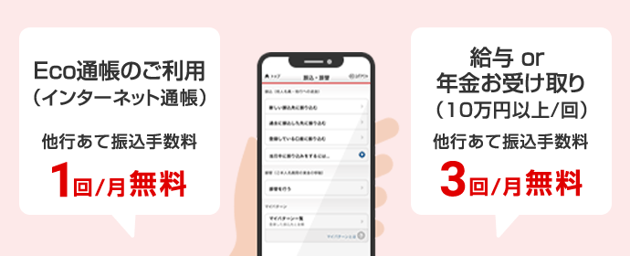Eco通帳（インターネット通帳）のご利用で、他行あて振込手数料1回/月無料。給与or年金お受け取り（10万以上/回）で他行あて振込手数料3回/月無料。