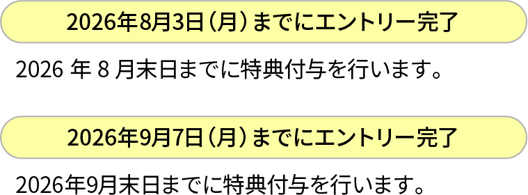 2026年8月3日（月）までにエントリー完了 2026年8月末日までに特典付与を行います。 2026年9月7日（月）までにエントリー完了 2026年9月末日までに特典付与を行います。