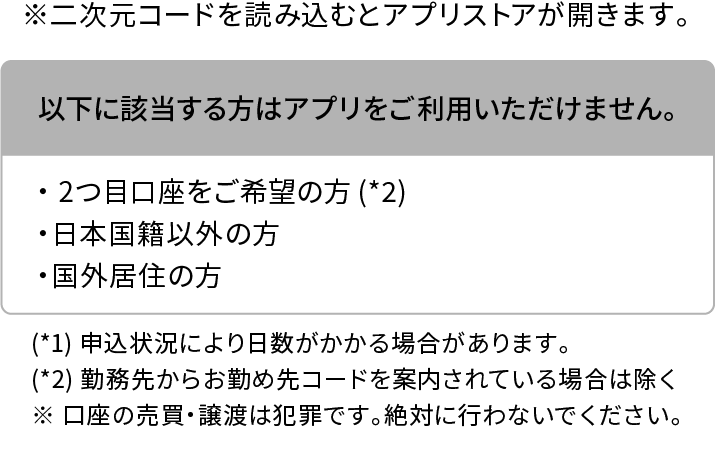 ※二次元コードを読み込むとアプリストアが開きます。 以下に該当する方はアプリをご利用いただけません。 ・2つ目口座をご希望の方（*2） ・日本国籍以外の方 ・国外居住の方 （*1）申込状況により日数がかかる場合があります。 （*2）勤務先からお勤め先コードを案内されている場合は除く ※口座の売買・譲渡は犯罪です。絶対に行わないでください。