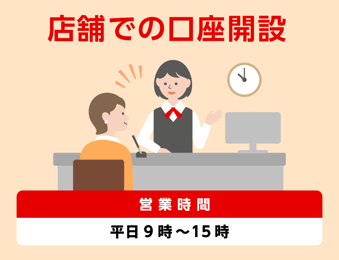 店舗での口座開設　営業時間は平日9時から15時まで