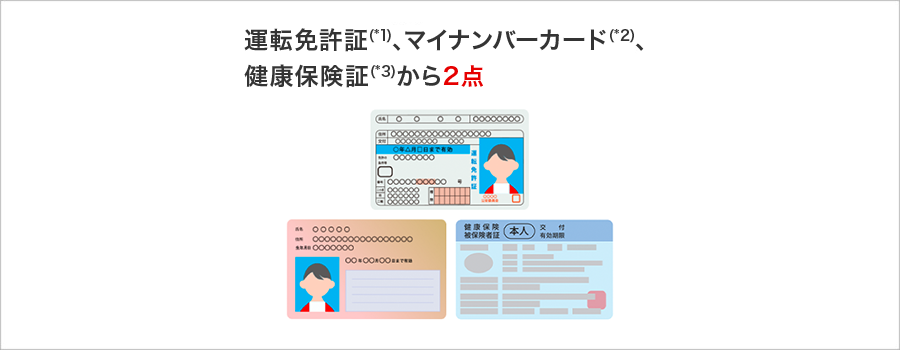 運転免許証、マイナンバーカード、健康保険証から2点