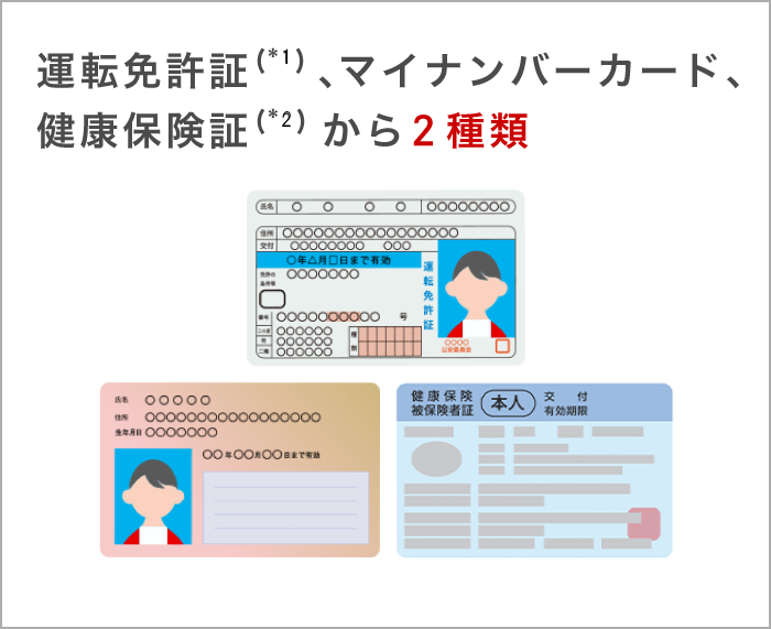 運転免許証(*1)、マイナンバーカード、健康保険証 (*2)から2種類