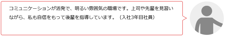 コミュニケーションの良い明るい職場です。上司や先輩の指導を見習い、私も後輩に自信をもって指導しています。(平成25年入社 Kさん)