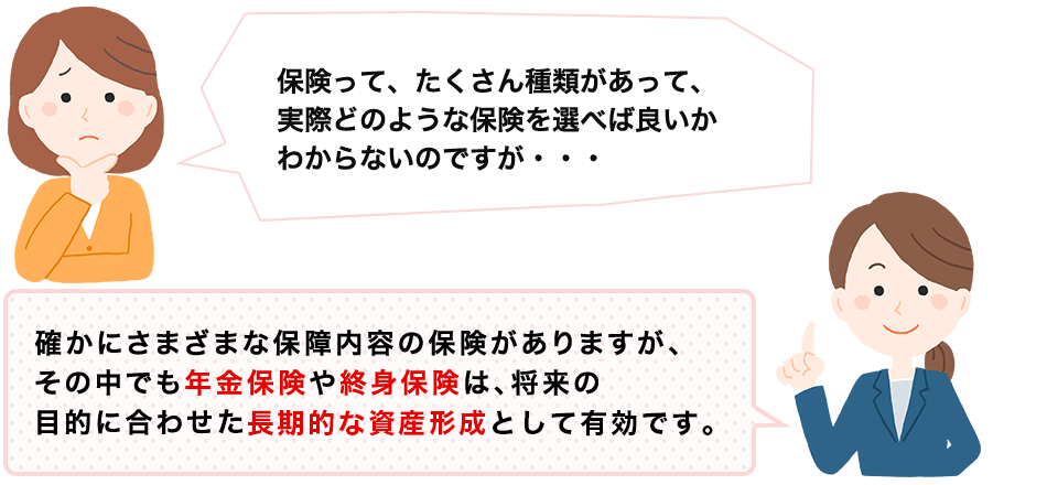 保険って、たくさん種類があって、実際どのような保険を選べば良いかわからないのですが・・・ 確かにさまざまな保障内容の保険がありますが、その中でも年金保険や終身保険は、将来の目的に合わせた長期的な資産形成として有効です。