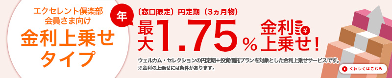エクセレント倶楽部会員さま向け 金利上乗せタイプ （窓口限定）円定期（3ヵ月物）最大1,75%金利上乗せ！ ウェルカム・セレクションの円定期＋投資信託プランを対象とした金利上乗せサービスです。※金利の上乗せには条件があります。くわしくはこちら