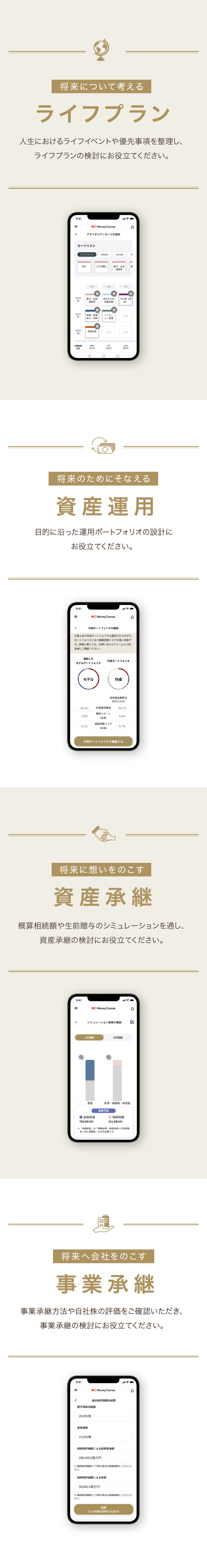 将来について考えるライフプラン 将来のためにそなえる資産運用 将来に想いをのこす資産承継 将来へ会社をのこす事業承継