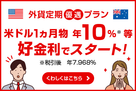 外貨定期優遇プラン 米ドル1カ月物 年6%等※好金利でスタート！※税引後 年4.781%