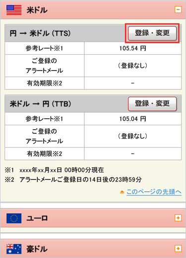 ご希望の通貨・取引の【登録・変更】から、アラートメールを登録