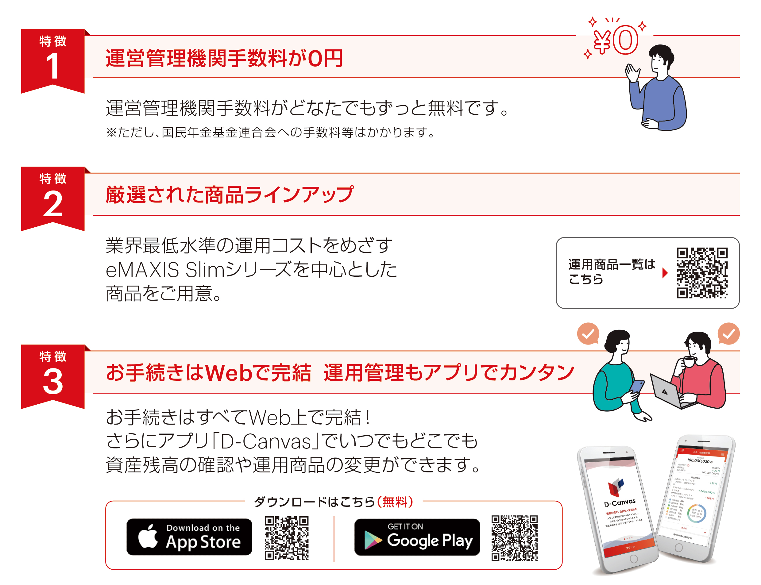 特徴1：運営管理機関手数料が0円　特徴2：厳選された商品ラインアップ　特徴3：お手続きはWebで完結 運用管理もアプリでカンタン