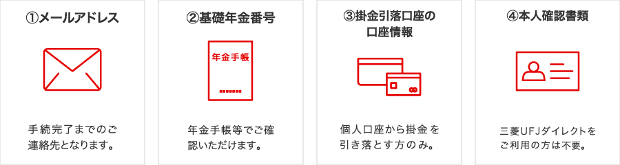 ①メールアドレス②基礎年金番号③個人口座から掛金を引き落とす方のみ掛金引落口座の口座情報④本人確認書類（三菱ＵＦＪダイレクトをご利用の方は不要）