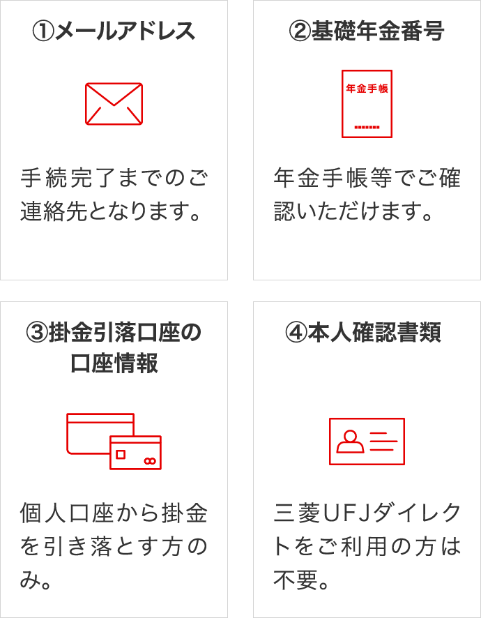 ①メールアドレス②基礎年金番号③個人口座から掛金を引き落とす方のみ掛金引落口座の口座情報④本人確認書類（三菱ＵＦＪダイレクトをご利用の方は不要）