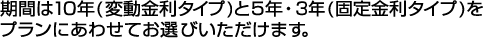 期間は10年(変動金利タイプ)と5年・3年(固定金利タイプ)をプランにあわせてお選びいただけます。