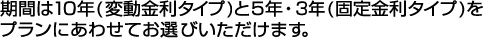 期間は10年（変動金利タイプ）と5年・3年（固定金利タイプ）をプランにあわせてお選びいただけます。