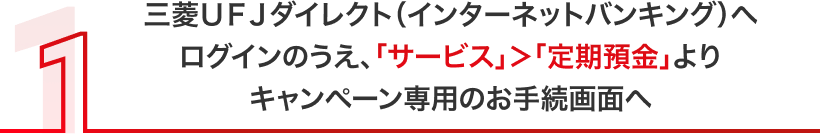 三菱ＵＦＪダイレクト（インターネットバンキング）へログインのうえ、「サービス」＞「定期預金」よりキャンペーン専用のお手続画面へ