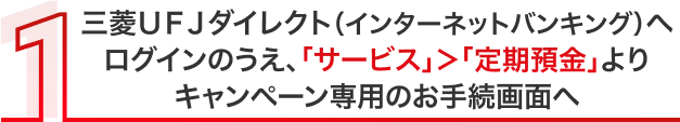 三菱ＵＦＪダイレクト（インターネットバンキング）へログインのうえ、「サービス」＞「定期預金」よりキャンペーン専用のお手続画面へ