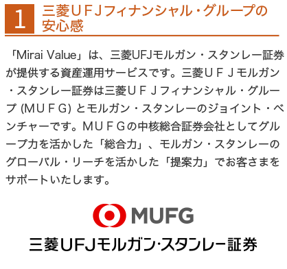 1　三菱ＵＦＪフィナンシャル・グループの 安心感　「Mirai Value」は、三菱UFJモルガン・スタンレー証券が提供する資産運用サービスです。三菱ＵＦＪモルガン・スタンレー証券は三菱ＵＦＪフィナンシャル・グループ (ＭＵＦＧ) とモルガン・スタンレーのジョイント・ベンチャーです。ＭＵＦＧの中核総合証券会社としてグループ力を活かした「総合力」、モルガン・スタンレーのグローバル・リーチを活かした「提案力」でお客さまをサポートいたします。