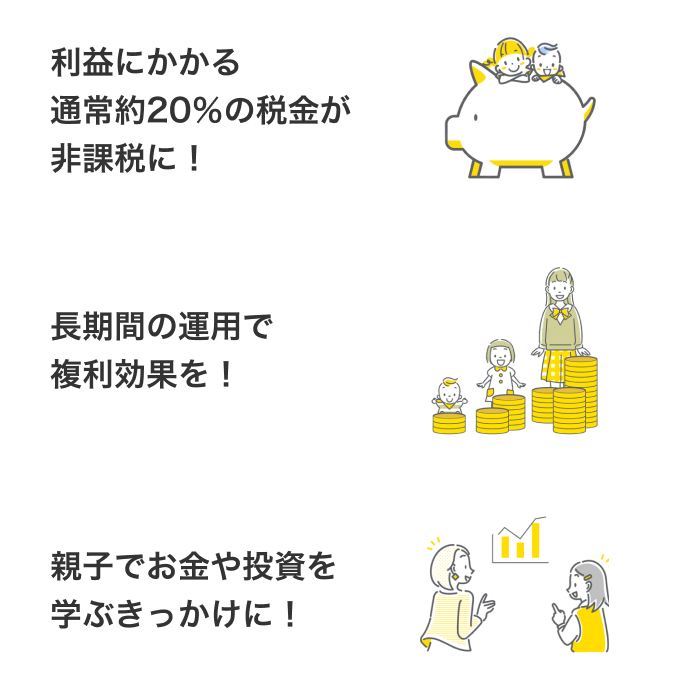 利益にかかる通常約20％の税金が非課税に！ 長期間の運用で複利効果を！ 親子でお金や投資を学ぶきっかけに！