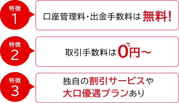 特徴1 口座管理料・出勤手数料は無料! 特徴2 取引手数料は0円~ 特徴3 独自の割引サービスや大口優遇プランあり