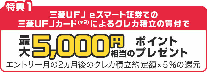 特典1 三菱ＵＦＪ ｅスマート証券での三菱ＵＦＪカード（※2）によるクレカ積立の買付で最大5,000円ポイント相当のプレゼント エントリー月の2ヵ月後のクレカ積立約定額×5％の還元
