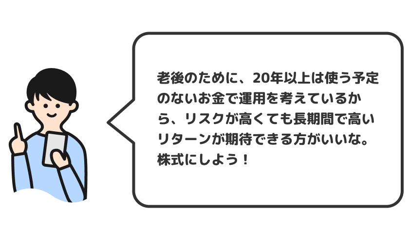 老後のために、20年以上は使う予定はないお金で運用を考えているから、リスクが高くても長期間で高いリターンが期待できる方がいいな。株式にしよう！