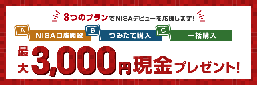 3つのプランでNISAデビューを応援します！ A：NISA口座開設 B：つみたて購入 C：一括購入 最大3,000円現金プレゼント！