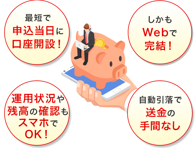 [最短で申込当日に口座開設！][しかもWebで完結！][運用状況や残高の確認もスマホでOK！][自動引落で送金の手間なし]