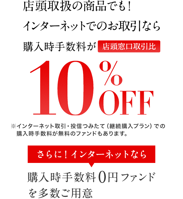 店頭取扱の商品でも!インターネットでのお取引なら購入時手数料が店頭窓口取引比10%OFF ※インターネット取引専用ファンド・投信つみたて(継続購入プラン)は、購入時手数料を別途設定しています。※インターネット取引・投信つみたて(継続購入プラン)での購入時手数料が無料のファンドもあります。 さらに!インターネットなら 購入時手数料0円ファンドを多数ご用意