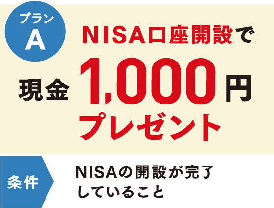プランA NISA口座開設で現金1,000円プレゼント 条件 NISAの開設が完了していること