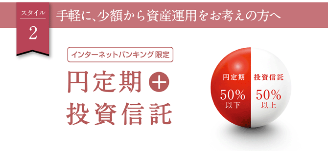 スタイル2　手軽に、少額から資産運用をお考えの方へ　インターネットバンキング限定 円定期＋投資信託　円定期：50％以下　投資信託：50％以上