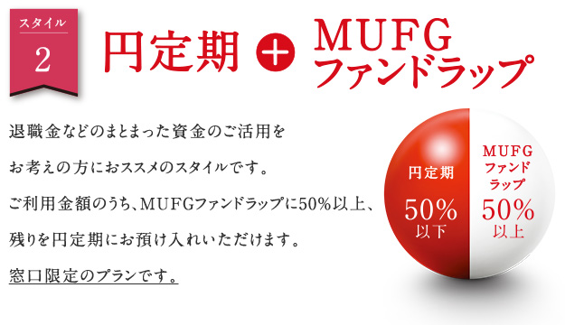 スタイル2 円定期+MUFGファンドラップ 退職金などのまとまった資金のご活用をお考えの方におススメのスタイルです。ご利用金額のうち、MUFGファンドラップに50%以上、残りを円定期にお預け入れいただけます。窓口限定のプランです。