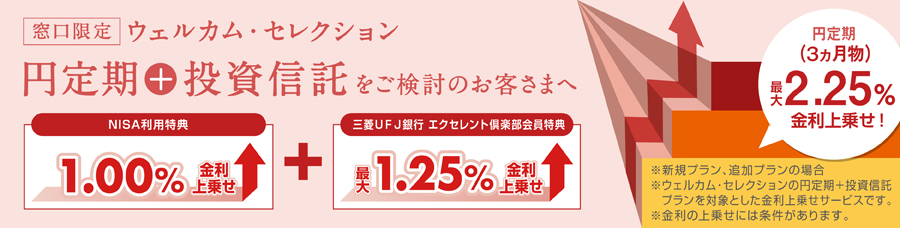 窓口限定 ウェルカム・セレクション　円定期＋投資信託をご検討のお客様へ　円定期（3カ月物）最大2.25%金利上乗せ！　NISA利用特典の1,00%金利上乗せ＋三菱ＵＦＪ銀行エクセレント倶楽部会員特典の最大1,25%金利上乗せ　※新規プラン、追加プランの場合　※ウェルカム・セレクションの円定期＋投資信託プランを対象とした金利上乗せサービスです。　※金利の上乗せには条件があります。