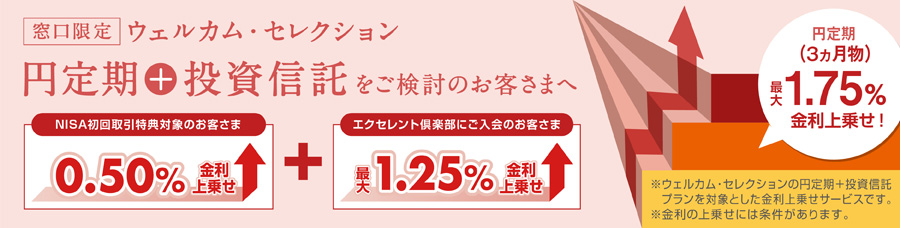 窓口限定 ウェルカム・セレクション 円定期＋投資信託をご検討のお客様へ　円定期（3カ月物）最大1.75%金利上乗せ！