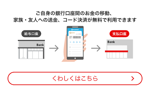ご自身の銀行口座間のお金の移動、家族・友人への送金、コード決済が無料で利用できます
